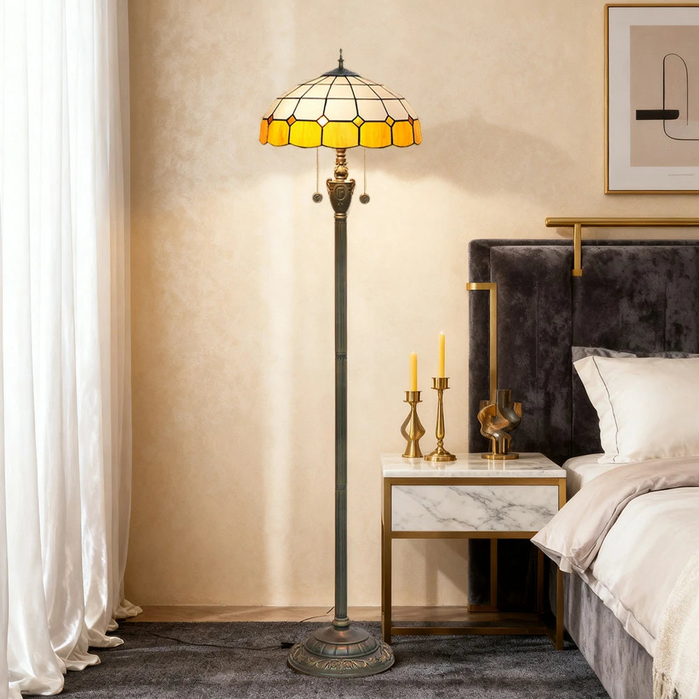 LIVARA Crystal Floor Lamp - High-Temperature Glass Shade, Copper Pendant, Dual Zipper Switch, E27 Socket, Adjustable Height for Soft Glow - Yellow