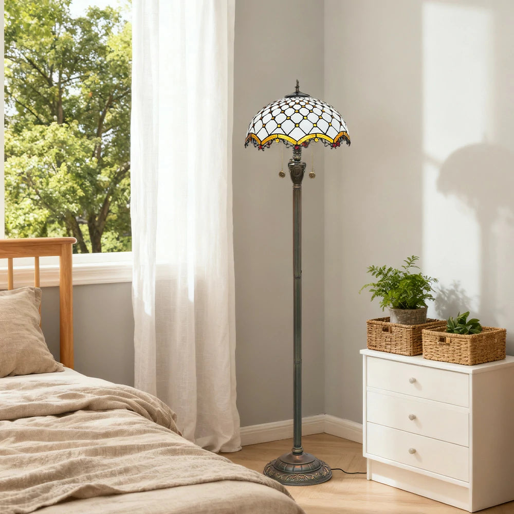 LIVARA Crystal Floor Lamp - High-Temperature Glass Shade, Copper Pendant, Dual Zipper Switch, E27 Socket, Adjustable Height for Soft Glow - White