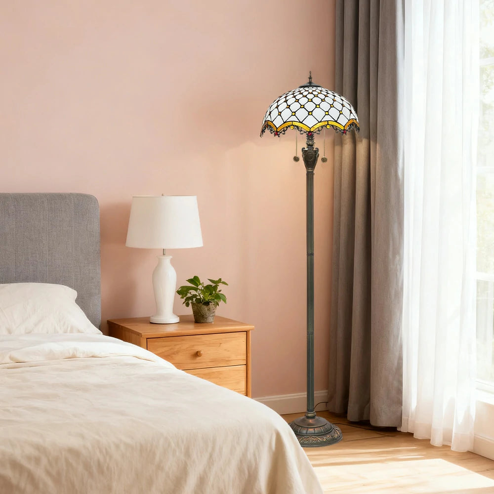 LIVARA Crystal Floor Lamp - High-Temperature Glass Shade, Copper Pendant, Dual Zipper Switch, E27 Socket, Adjustable Height for Soft Glow - White