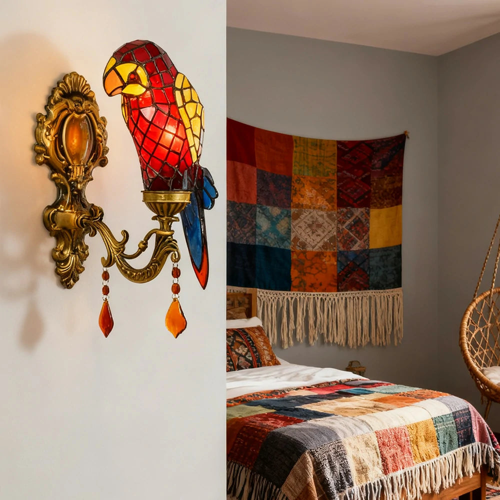 LIVARA Crystal Wall Light - High-Temperature Glass Shade, Premium Crystal Pendant, Parrot Shape Design, Alloy and Iron Frame - Red