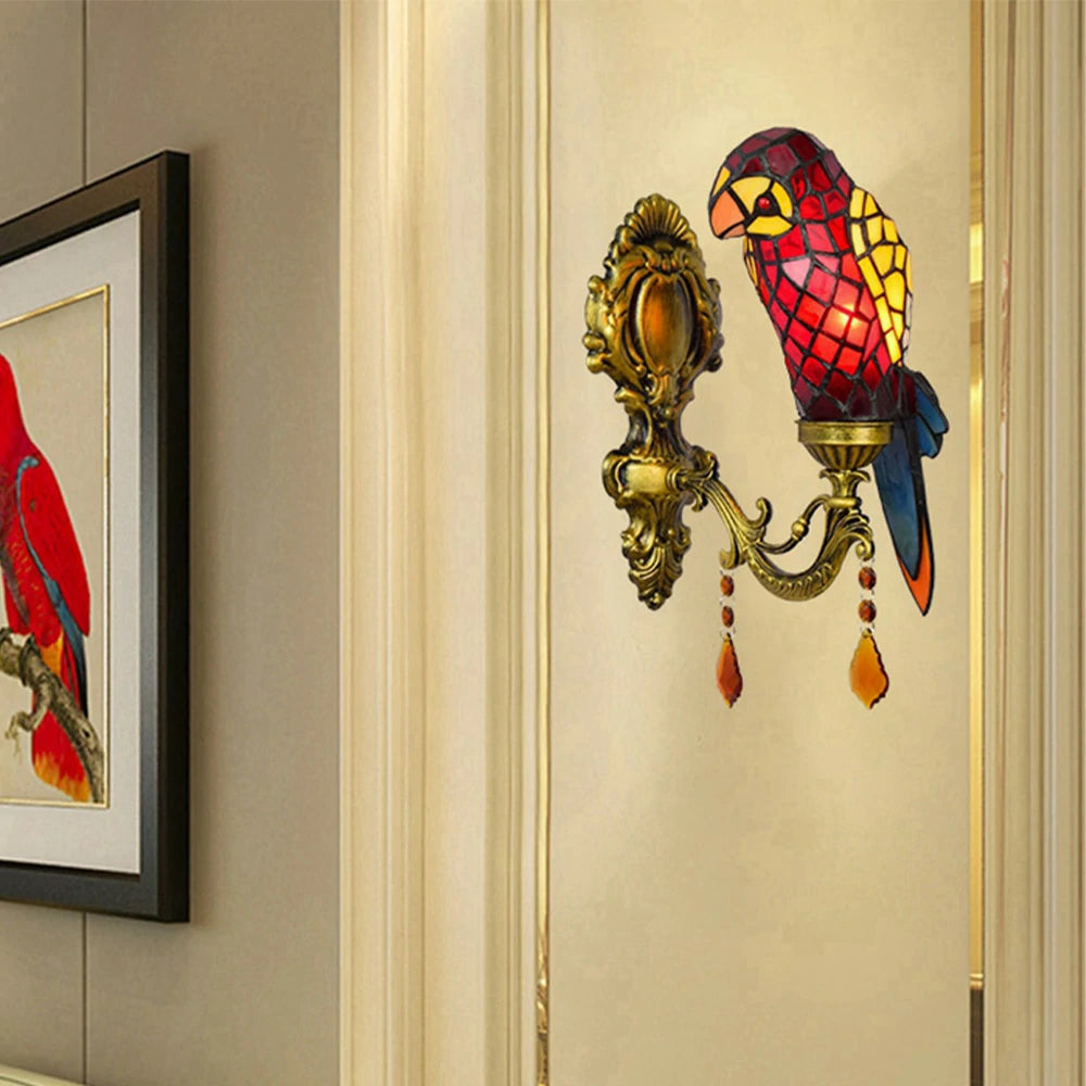 LIVARA Crystal Wall Light - High-Temperature Glass Shade, Premium Crystal Pendant, Parrot Shape Design, Alloy and Iron Frame - Red