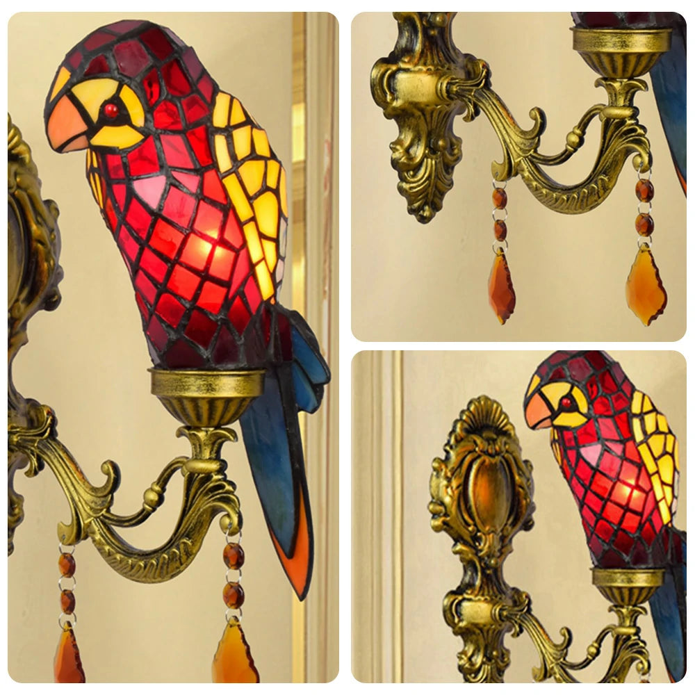 LIVARA Crystal Wall Light - High-Temperature Glass Shade, Premium Crystal Pendant, Parrot Shape Design, Alloy and Iron Frame - Red