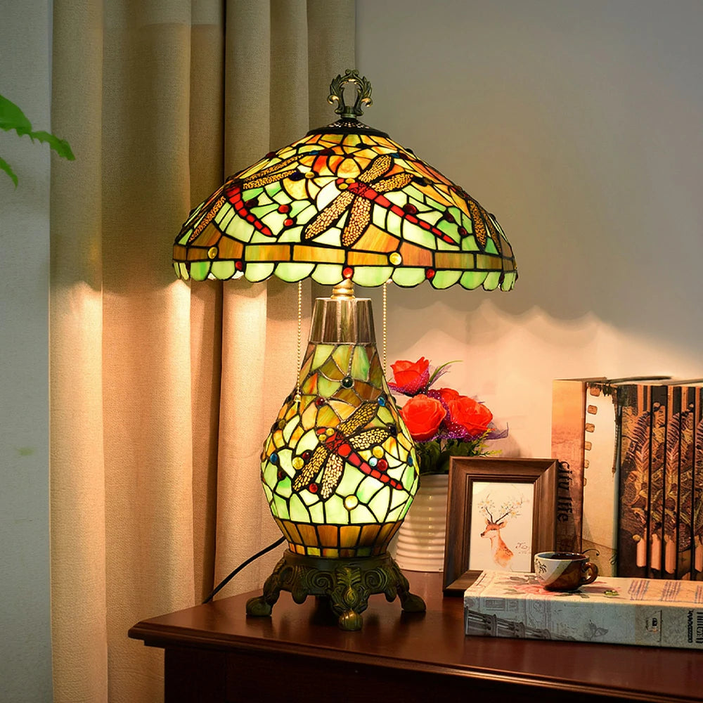 LIVARA Glass Table Lamp - High-Temperature Glass Shade, Alloy Base, Adjustable Height, Metal Pull-Chain Switch - Green