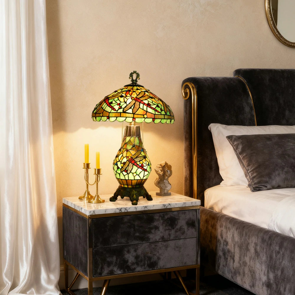 LIVARA Glass Table Lamp - High-Temperature Glass Shade, Alloy Base, Adjustable Height, Metal Pull-Chain Switch - Green