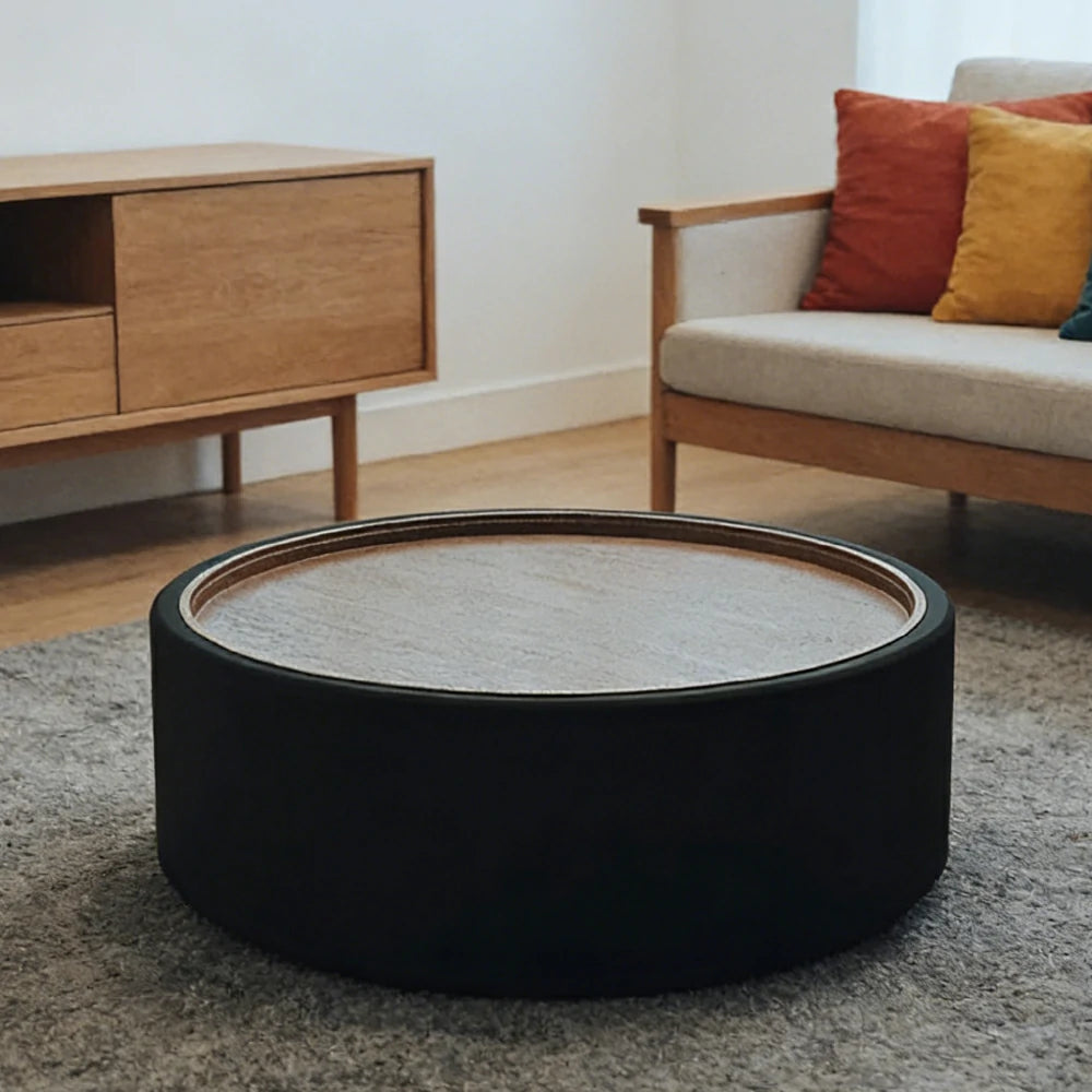 LIVARA Round Storage Coffee Table Hidden Storage Smooth Curved Design Modern Minimal Style - Black