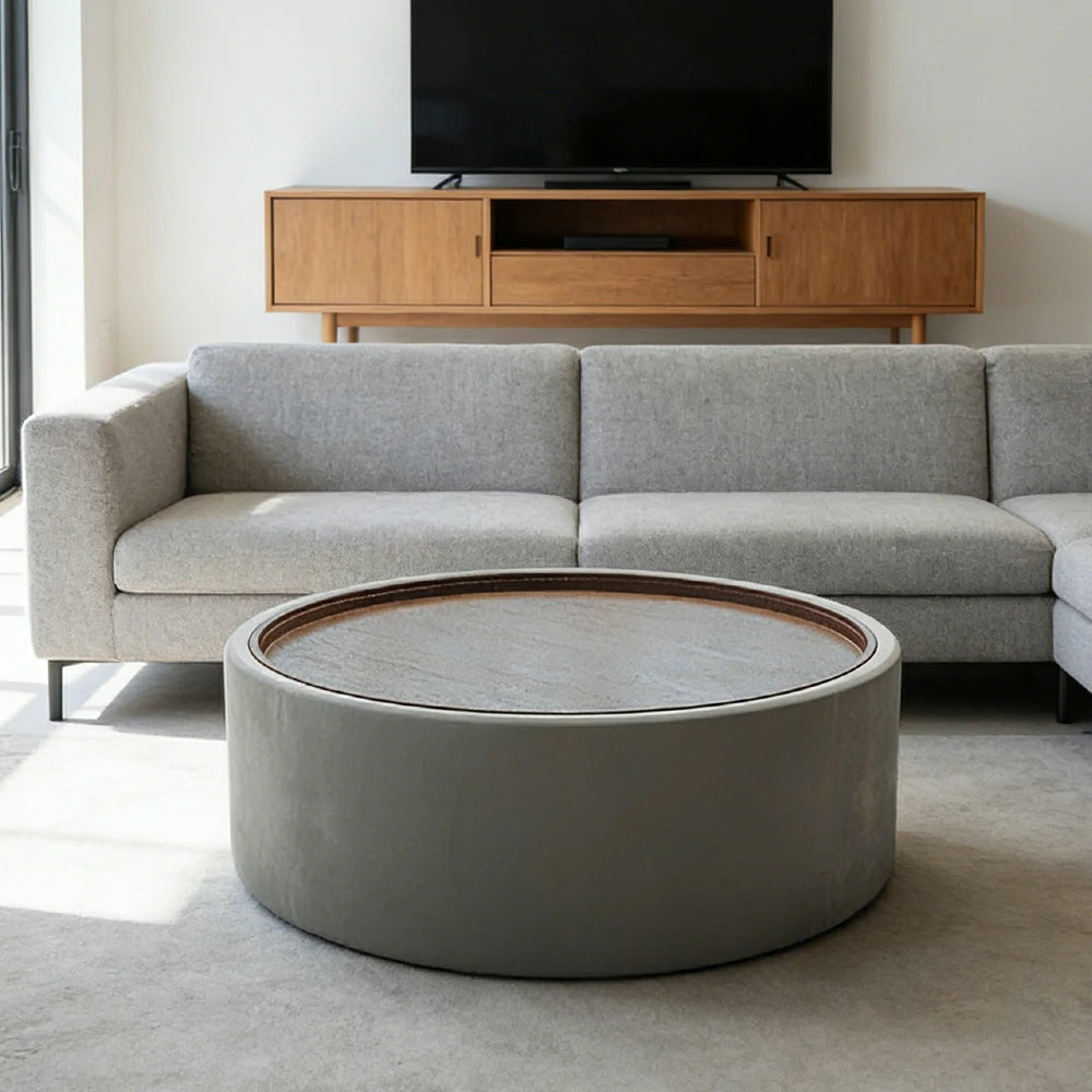 LIVARA Round Storage Coffee Table Hidden Storage Smooth Curved Design Modern Minimal Style - Grey