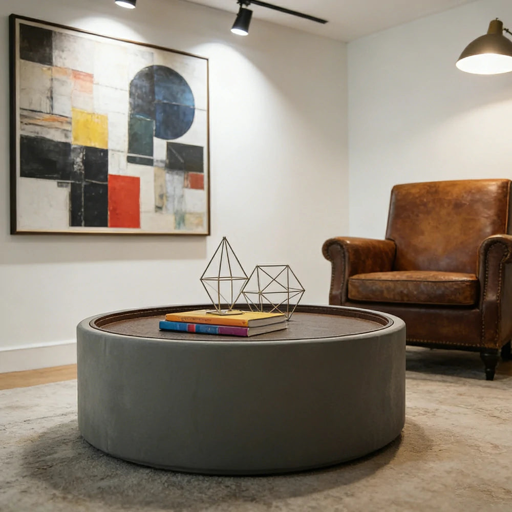 LIVARA Round Storage Coffee Table Hidden Storage Smooth Curved Design Modern Minimal Style - Grey