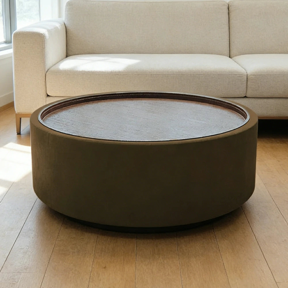 LIVARA Round Storage Coffee Table Hidden Storage Smooth Curved Design Modern Minimal Style - Brown