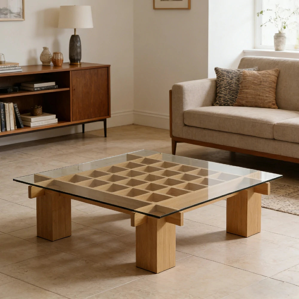 LUXORA Solid Wood & Tempered Glass Coffee Table - Multi-Grid Storage Design, Rounded Edges, Stable Wide Base, Modern Minimal Style - Wood