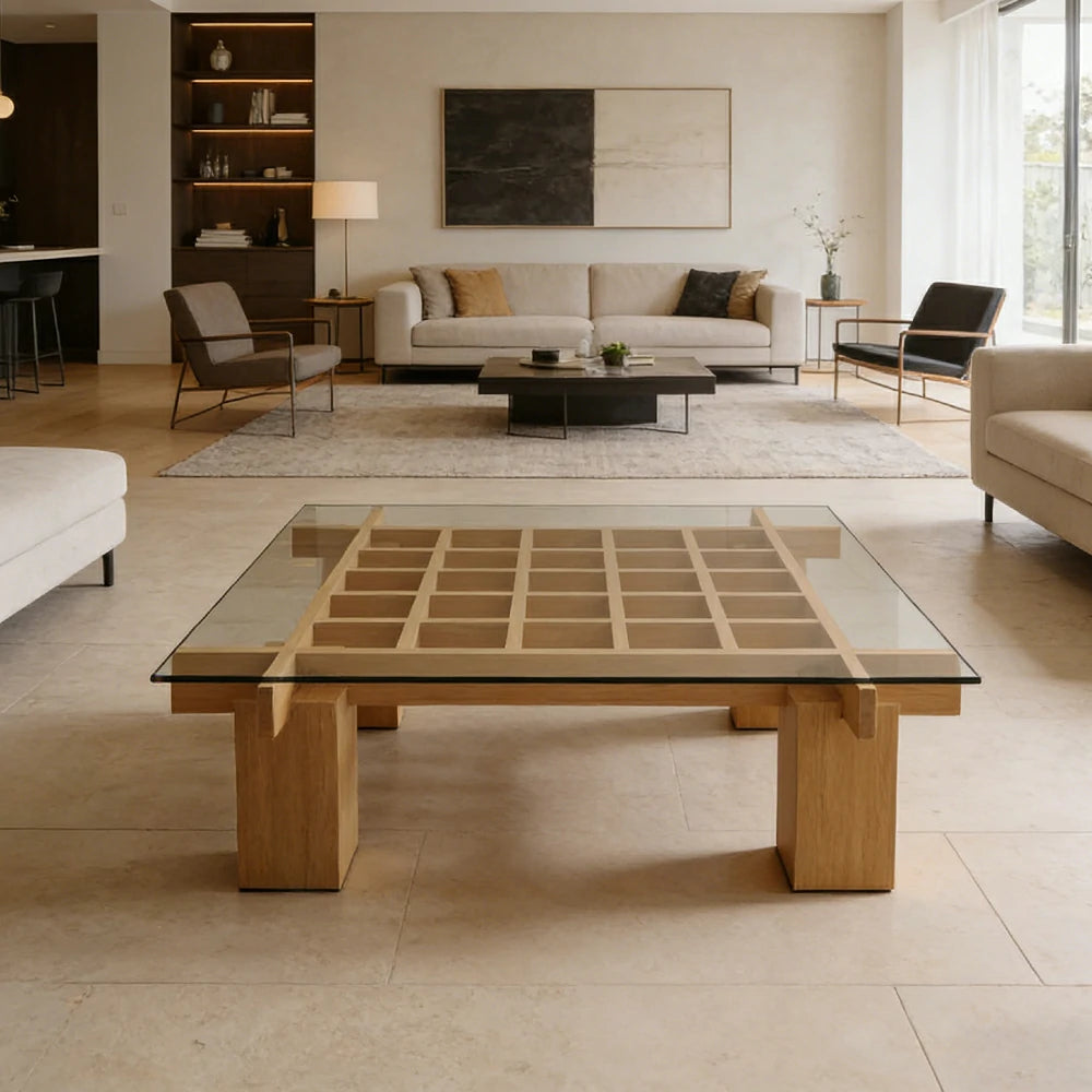 LUXORA Solid Wood & Tempered Glass Coffee Table - Multi-Grid Storage Design, Rounded Edges, Stable Wide Base, Modern Minimal Style - Wood