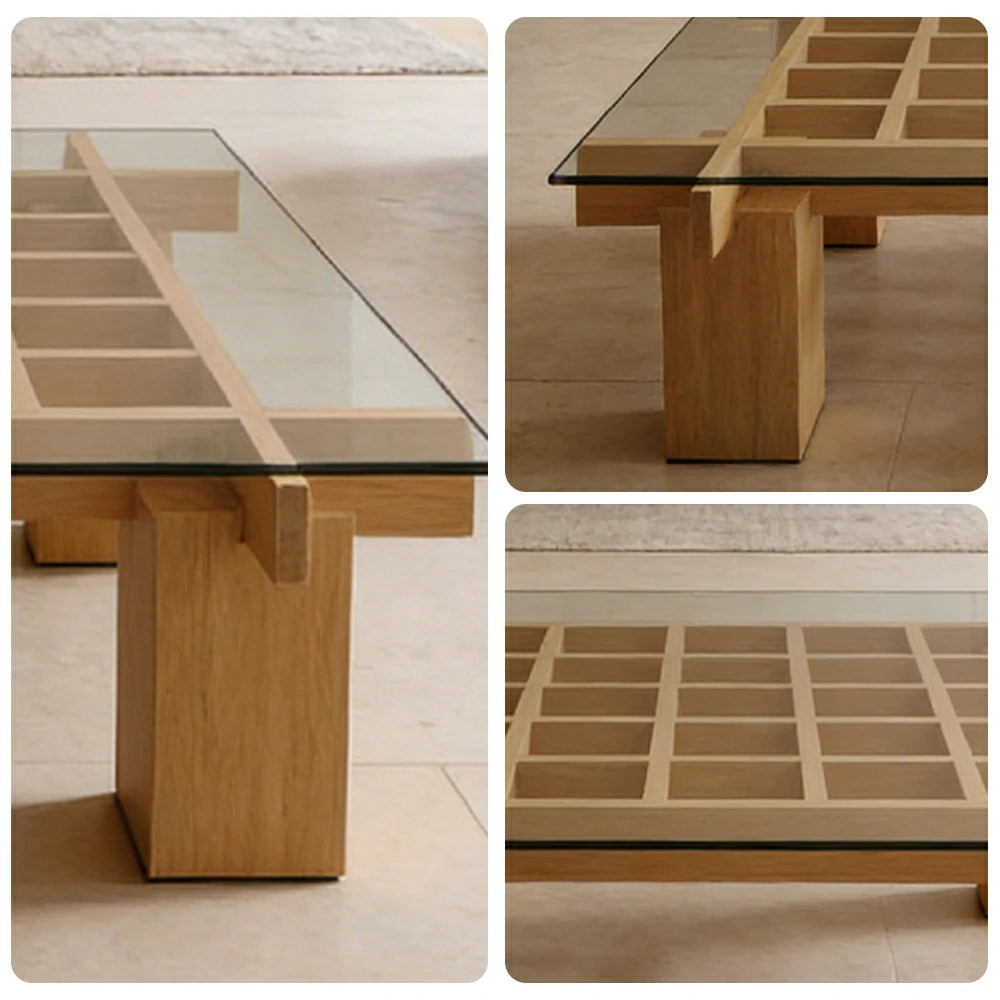 LUXORA Solid Wood & Tempered Glass Coffee Table - Multi-Grid Storage Design, Rounded Edges, Stable Wide Base, Modern Minimal Style - Wood