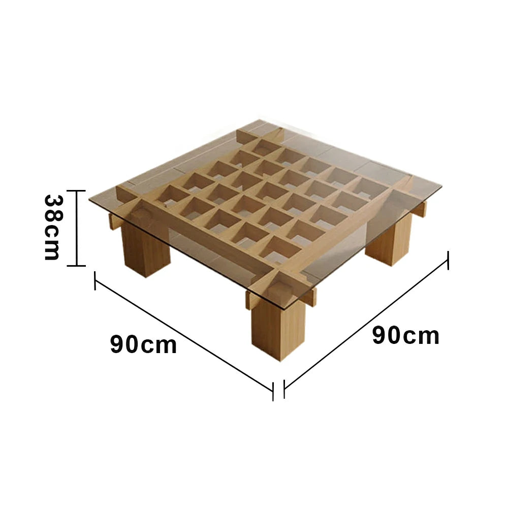 LUXORA Solid Wood & Tempered Glass Coffee Table - Multi-Grid Storage Design, Rounded Edges, Stable Wide Base, Modern Minimal Style - Wood