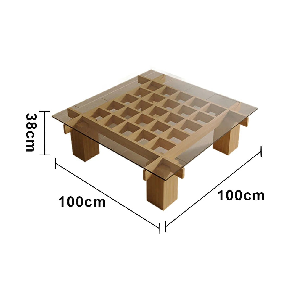 LUXORA Solid Wood & Tempered Glass Coffee Table - Multi-Grid Storage Design, Rounded Edges, Stable Wide Base, Modern Minimal Style - Wood