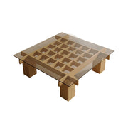 LUXORA Solid Wood & Tempered Glass Coffee Table - Multi-Grid Storage Design, Rounded Edges, Stable Wide Base, Modern Minimal Style - Wood