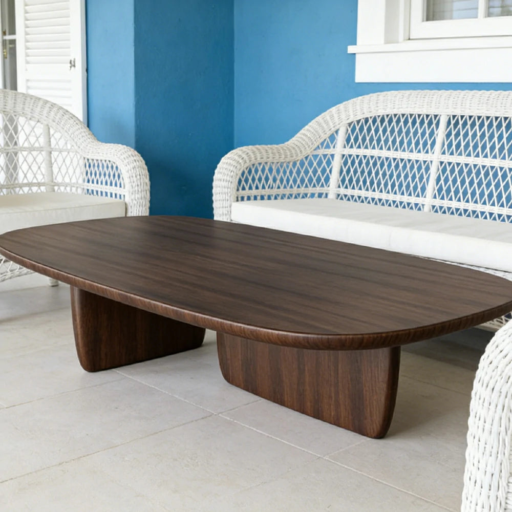 LIVARA Solid Wood Coffee Table - Sculptural Low Profile Design, Smooth Rounded Edges, Stable Wide Base, Modern Minimal Style - Walnut