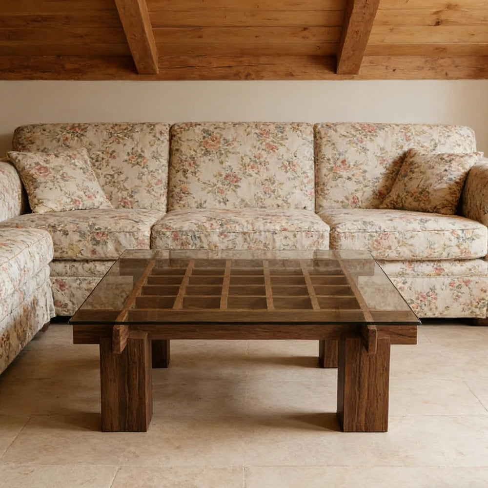 LUXORA Solid Wood & Tempered Glass Coffee Table - Multi-Grid Storage Design, Rounded Edges, Stable Wide Base, Modern Minimal Style - Walnut