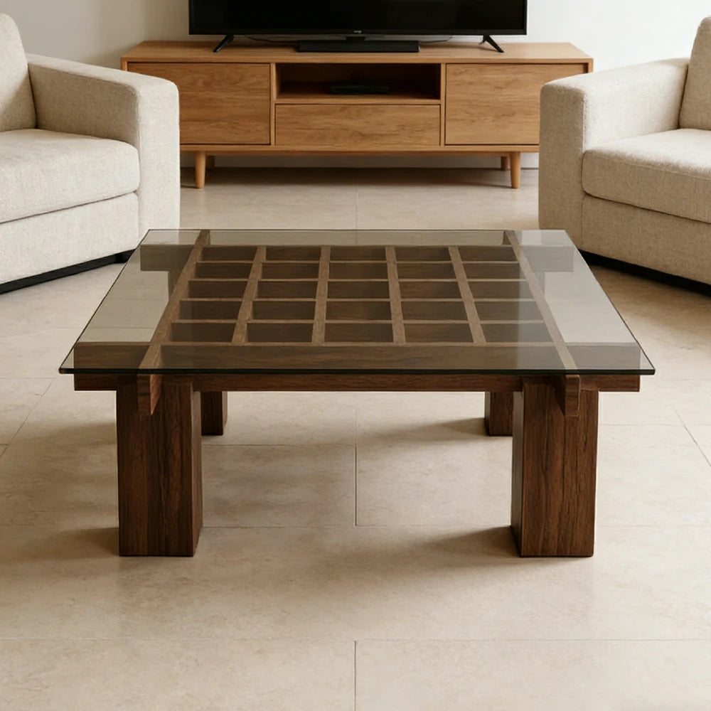 LUXORA Solid Wood & Tempered Glass Coffee Table - Multi-Grid Storage Design, Rounded Edges, Stable Wide Base, Modern Minimal Style - Walnut