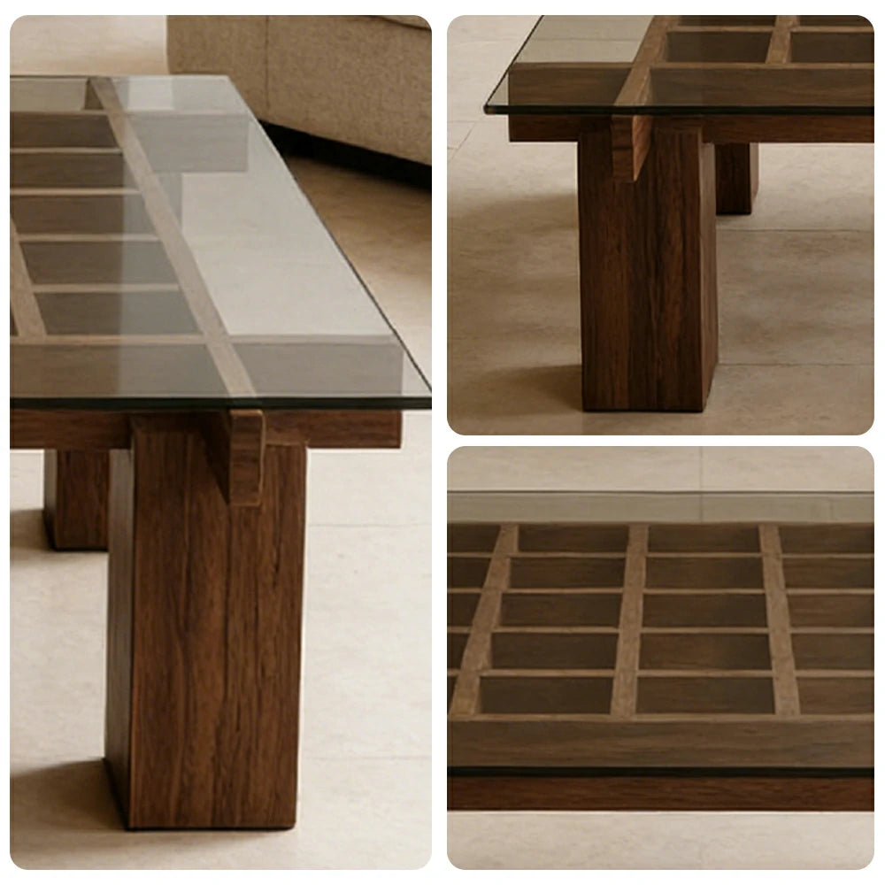 LUXORA Solid Wood & Tempered Glass Coffee Table - Multi-Grid Storage Design, Rounded Edges, Stable Wide Base, Modern Minimal Style - Walnut
