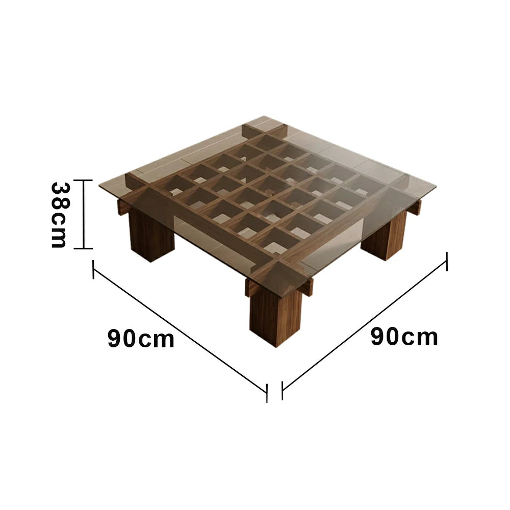 LUXORA Solid Wood & Tempered Glass Coffee Table - Multi-Grid Storage Design, Rounded Edges, Stable Wide Base, Modern Minimal Style - Walnut