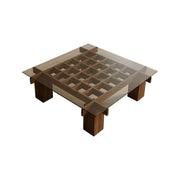 LUXORA Solid Wood & Tempered Glass Coffee Table - Multi-Grid Storage Design, Rounded Edges, Stable Wide Base, Modern Minimal Style - Walnut
