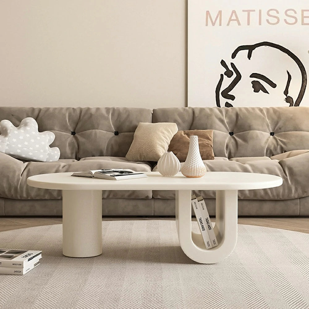 LIVARA Modern Coffee Table - Space-Saving Oval Design, Sculptural U-Base with Open Storage, Smooth Rounded Edges, Small Apartment Friendly - Cream White