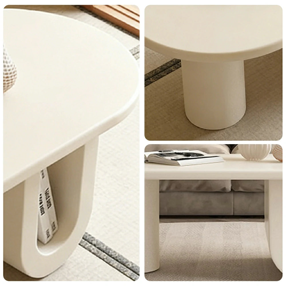 LIVARA Modern Coffee Table - Space-Saving Oval Design, Sculptural U-Base with Open Storage, Smooth Rounded Edges, Small Apartment Friendly - Cream White