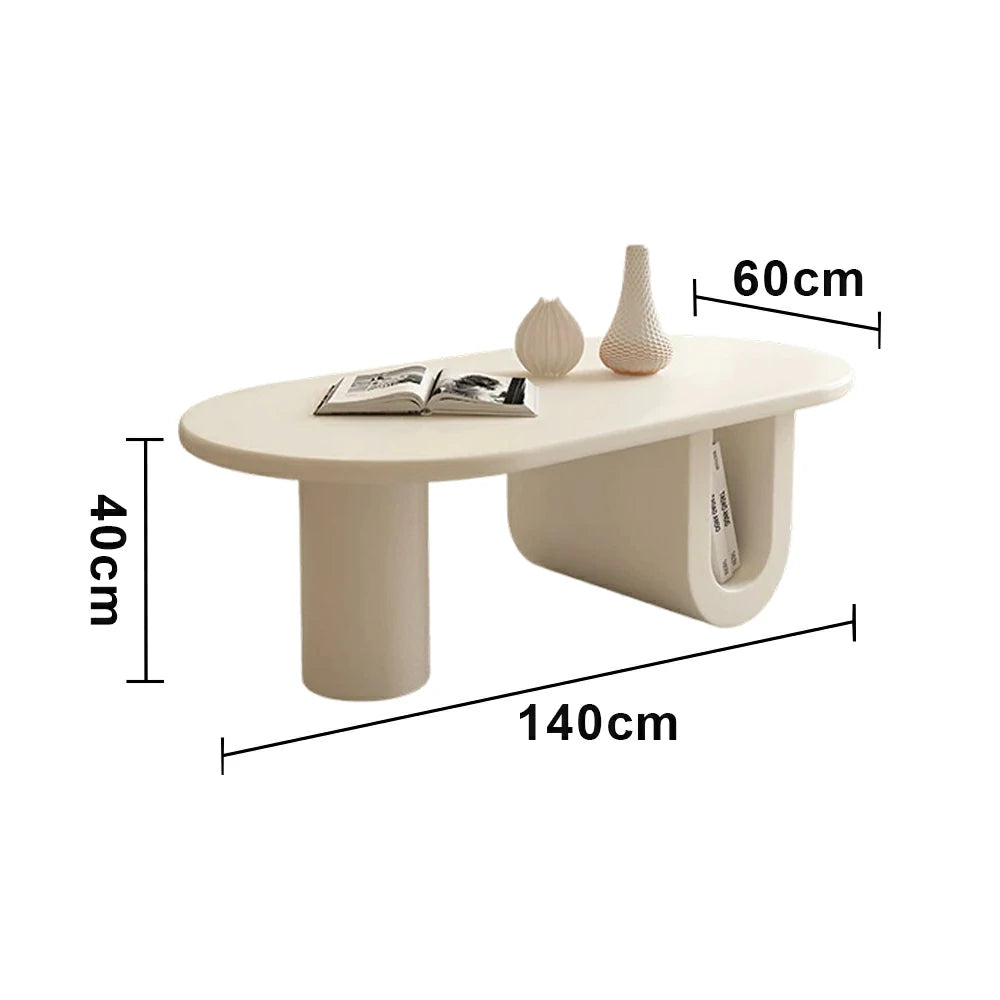 LIVARA Modern Coffee Table - Space-Saving Oval Design, Sculptural U-Base with Open Storage, Smooth Rounded Edges, Small Apartment Friendly - Cream White