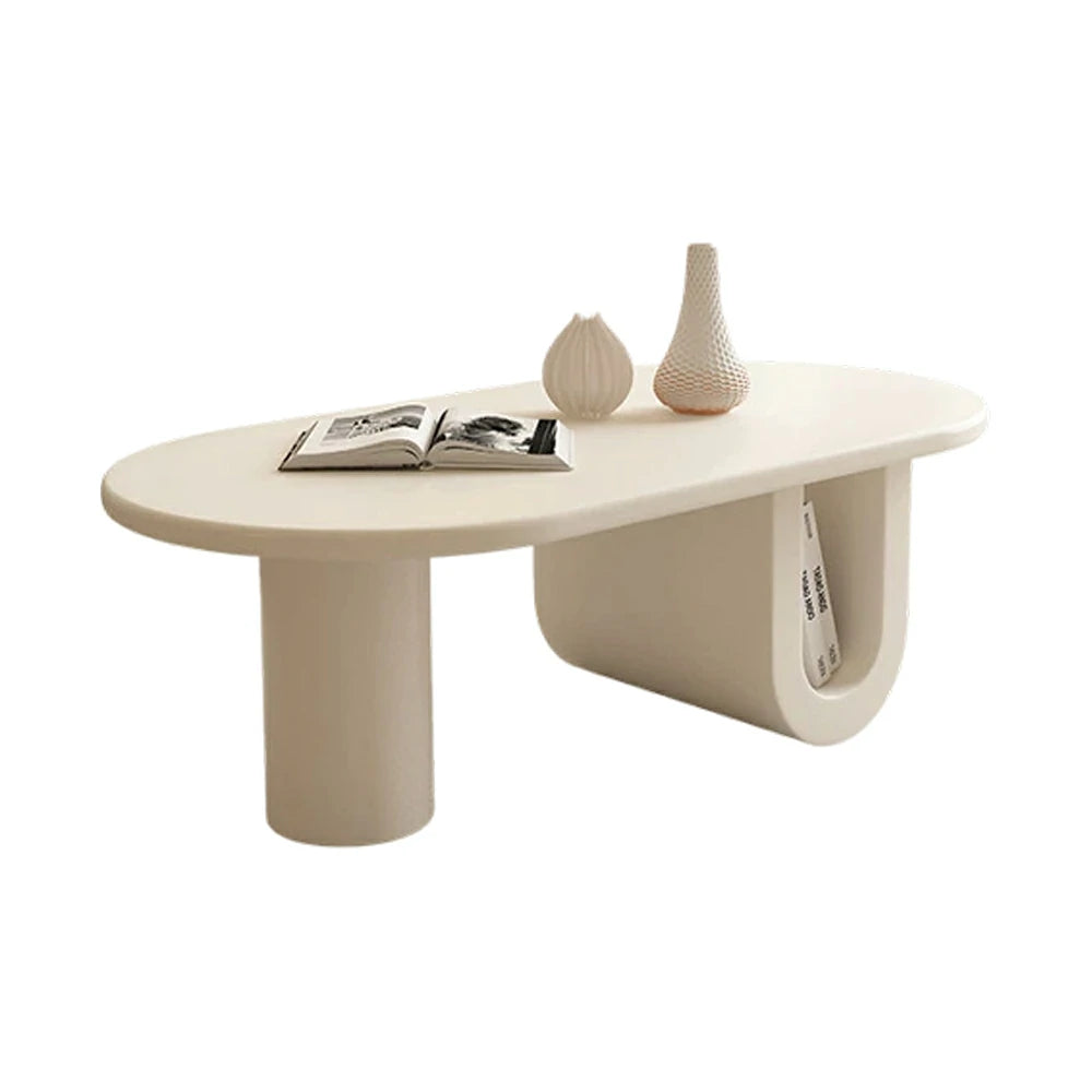 LIVARA Modern Coffee Table - Space-Saving Oval Design, Sculptural U-Base with Open Storage, Smooth Rounded Edges, Small Apartment Friendly - Cream White