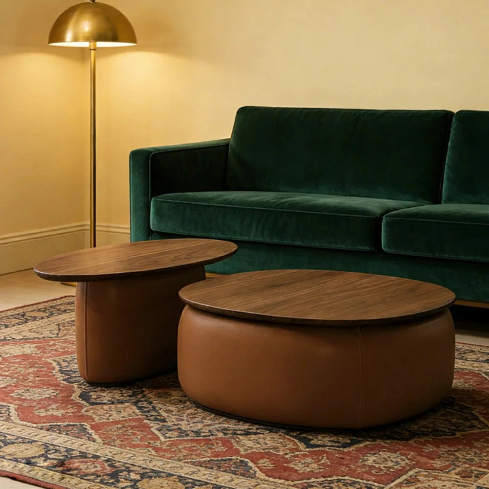 LIVARA Modular Coffee Table Set - Sculptural Rounded Design, Low Profile Stability, Premium Upholstered Base, Modern Minimal Style - Brown Nappa Leather