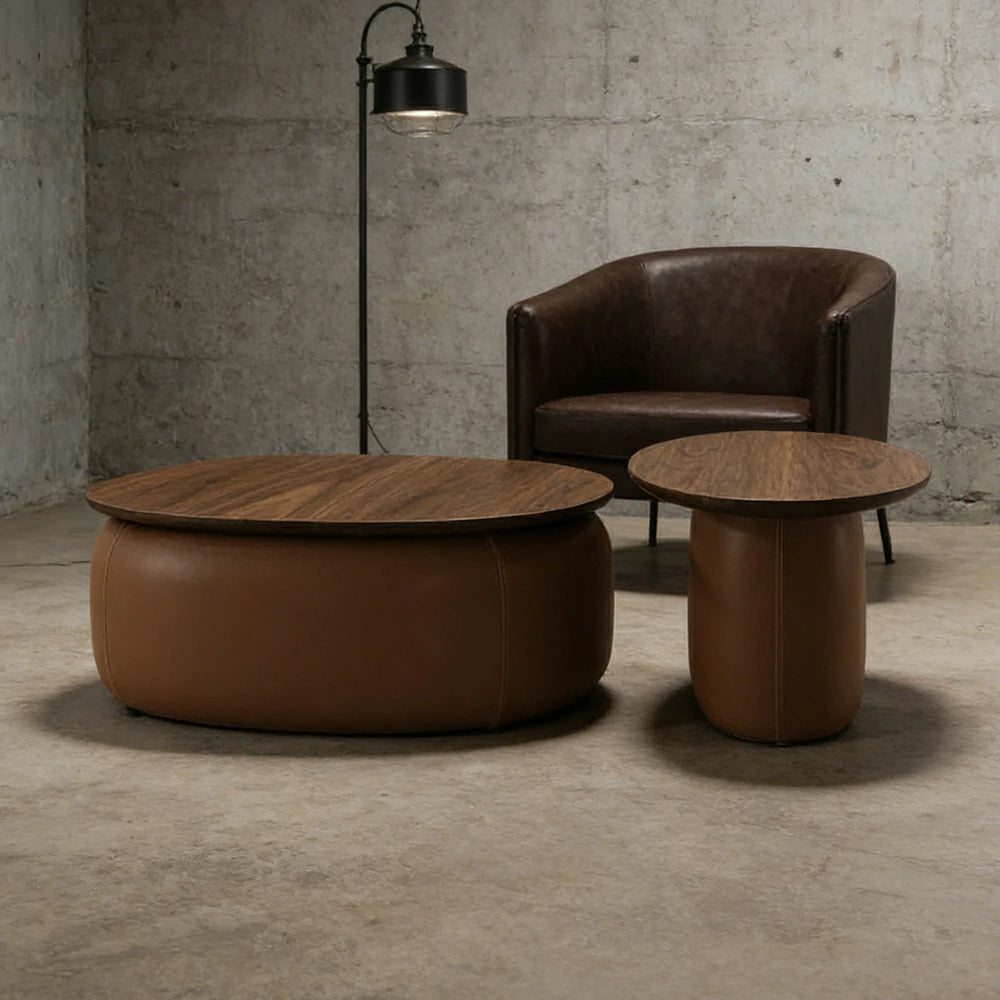 LIVARA Modular Coffee Table Set - Sculptural Rounded Design, Low Profile Stability, Premium Upholstered Base, Modern Minimal Style - Brown Nappa Leather