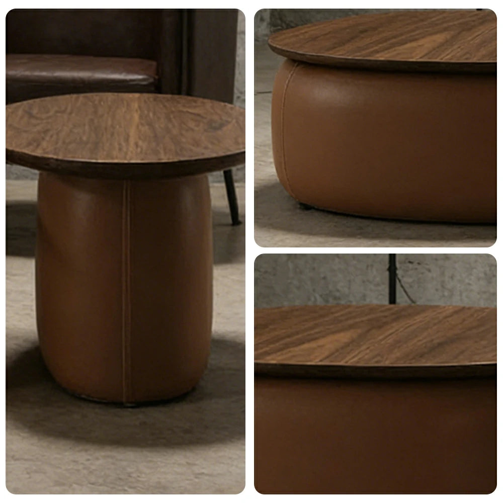 LIVARA Modular Coffee Table Set - Sculptural Rounded Design, Low Profile Stability, Premium Upholstered Base, Modern Minimal Style - Brown Nappa Leather