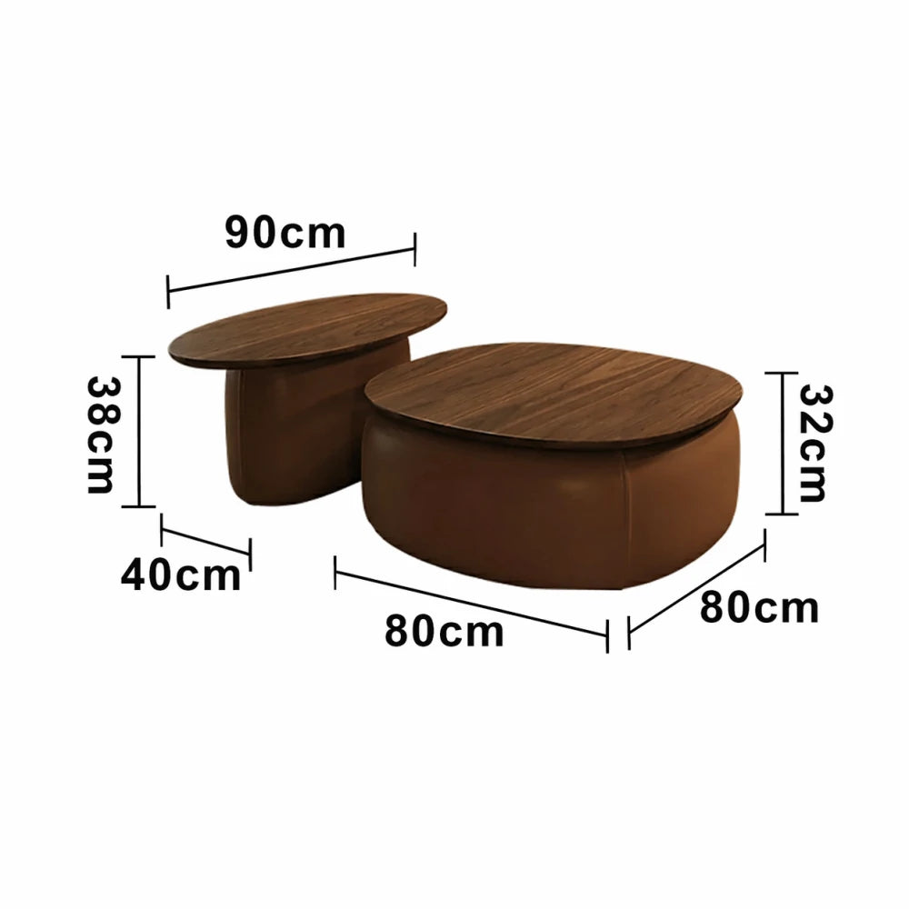 LIVARA Modular Coffee Table Set - Sculptural Rounded Design, Low Profile Stability, Premium Upholstered Base, Modern Minimal Style - Brown Nappa Leather