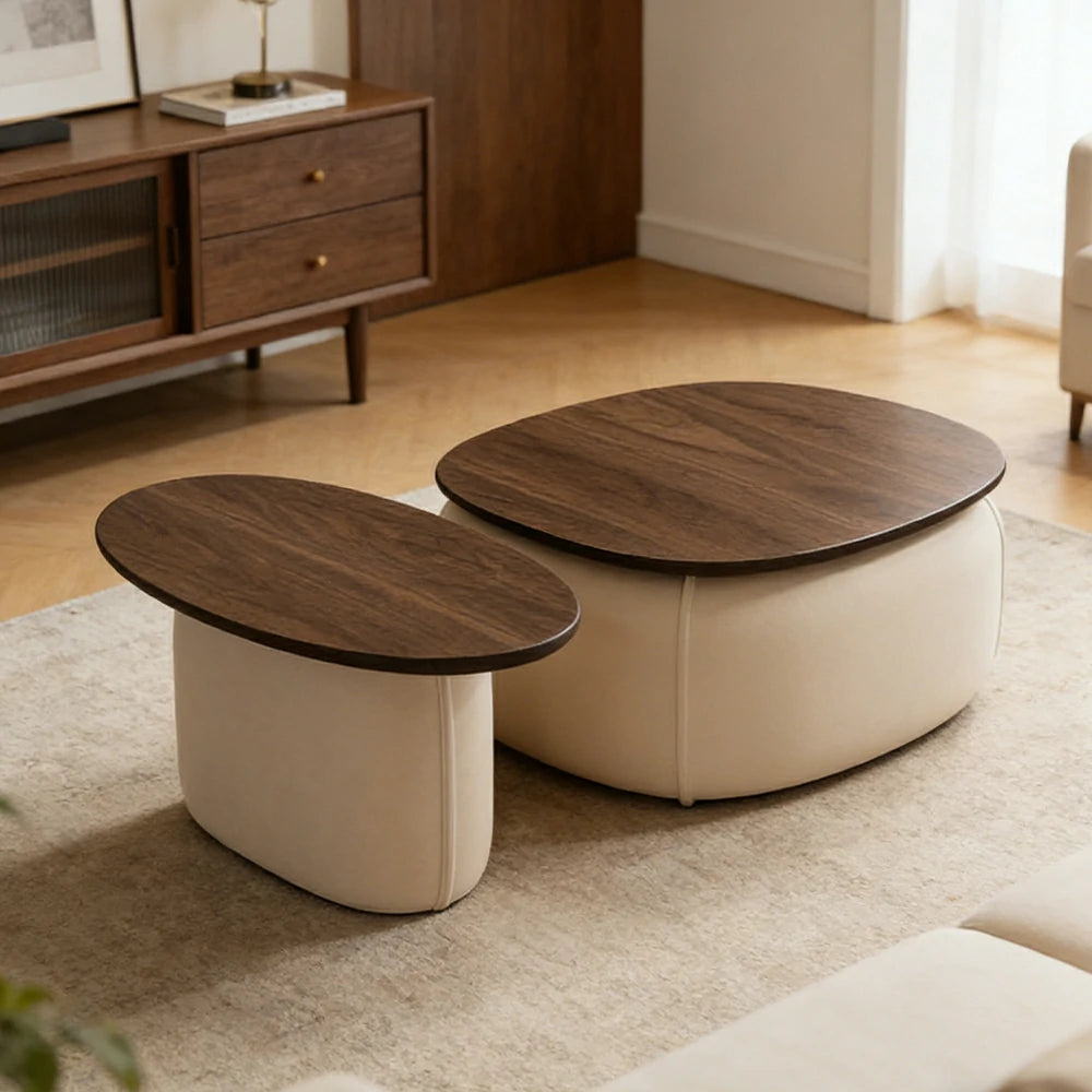 LIVARA Modular Coffee Table Set - Sculptural Rounded Design, Low Profile Stability, Premium Upholstered Base, Modern Minimal Style - Beige Nappa Leather