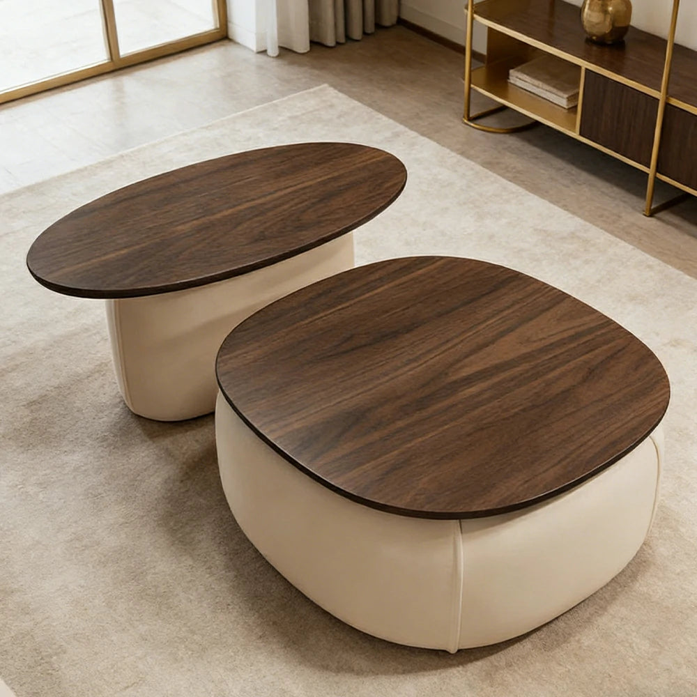 LIVARA Modular Coffee Table Set - Sculptural Rounded Design, Low Profile Stability, Premium Upholstered Base, Modern Minimal Style - Beige Nappa Leather