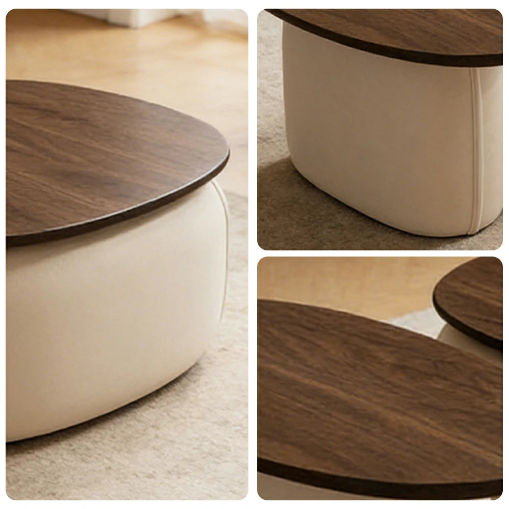 LIVARA Modular Coffee Table Set - Sculptural Rounded Design, Low Profile Stability, Premium Upholstered Base, Modern Minimal Style - Beige Nappa Leather