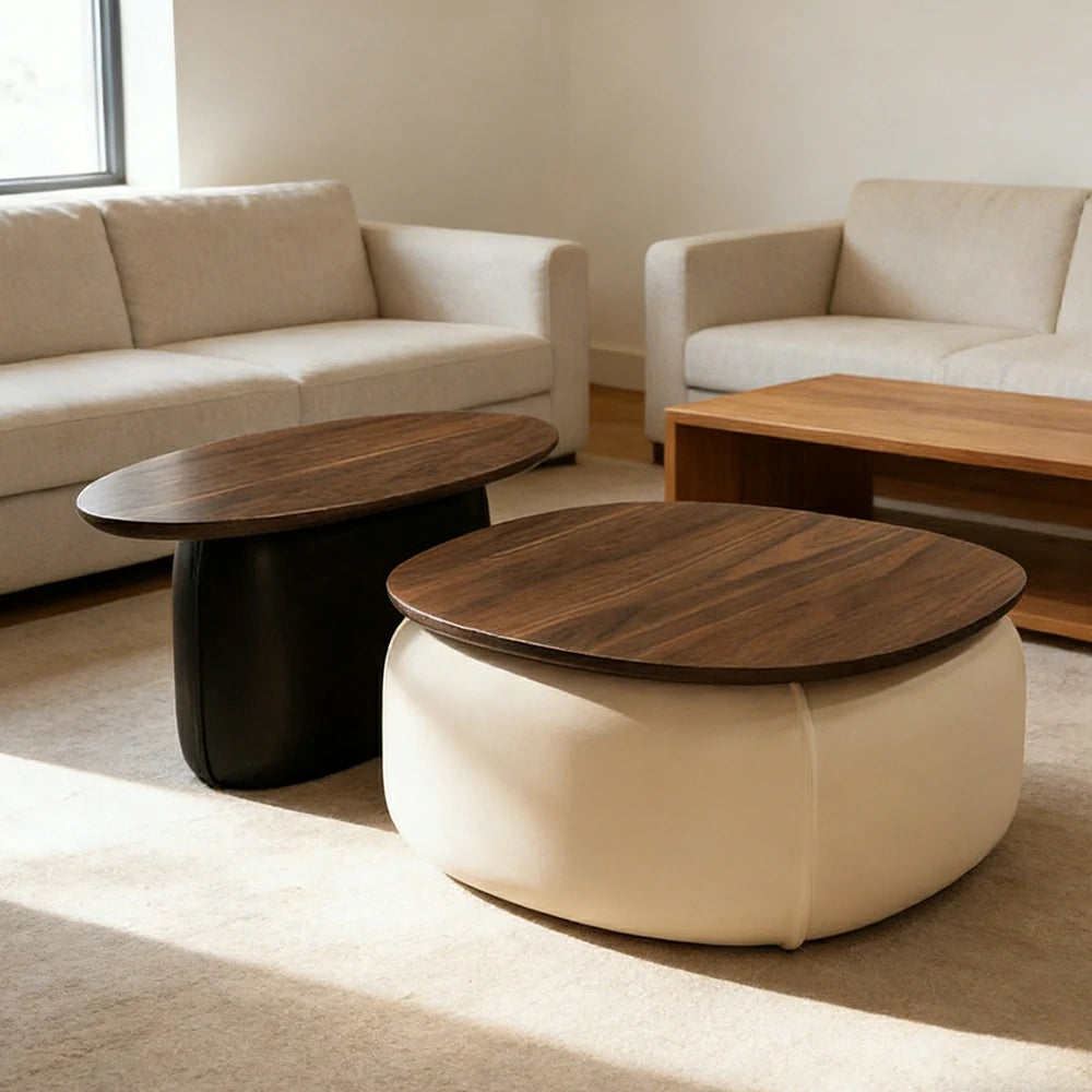 LIVARA Modular Coffee Table Set - Sculptural Rounded Design, Low Profile Stability, Premium Upholstered Base, Modern Minimal Style - White & Black Nappa Leather