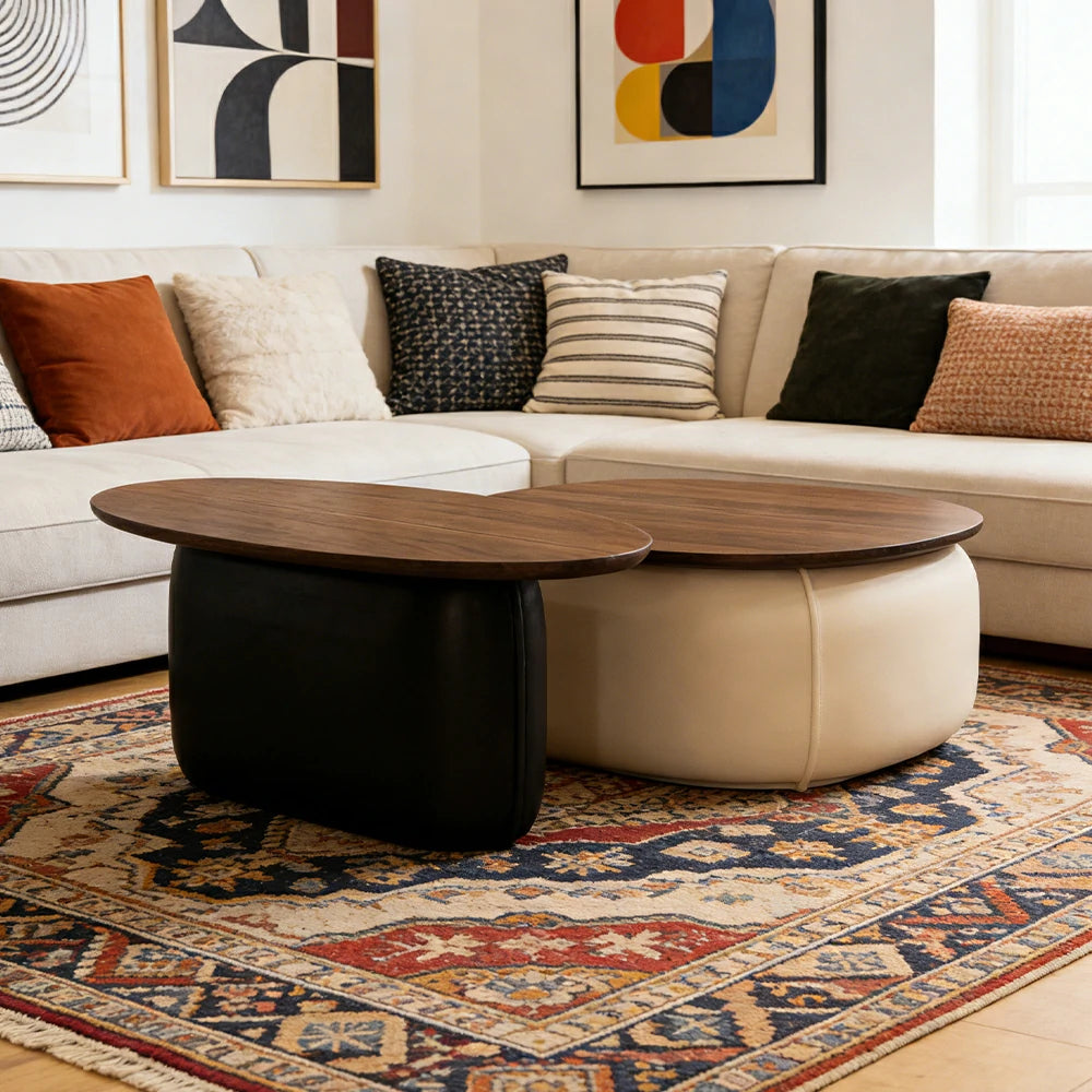 LIVARA Modular Coffee Table Set - Sculptural Rounded Design, Low Profile Stability, Premium Upholstered Base, Modern Minimal Style - White & Black Nappa Leather