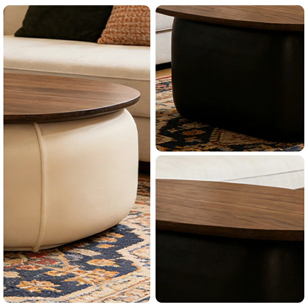 LIVARA Modular Coffee Table Set - Sculptural Rounded Design, Low Profile Stability, Premium Upholstered Base, Modern Minimal Style - White & Black Nappa Leather