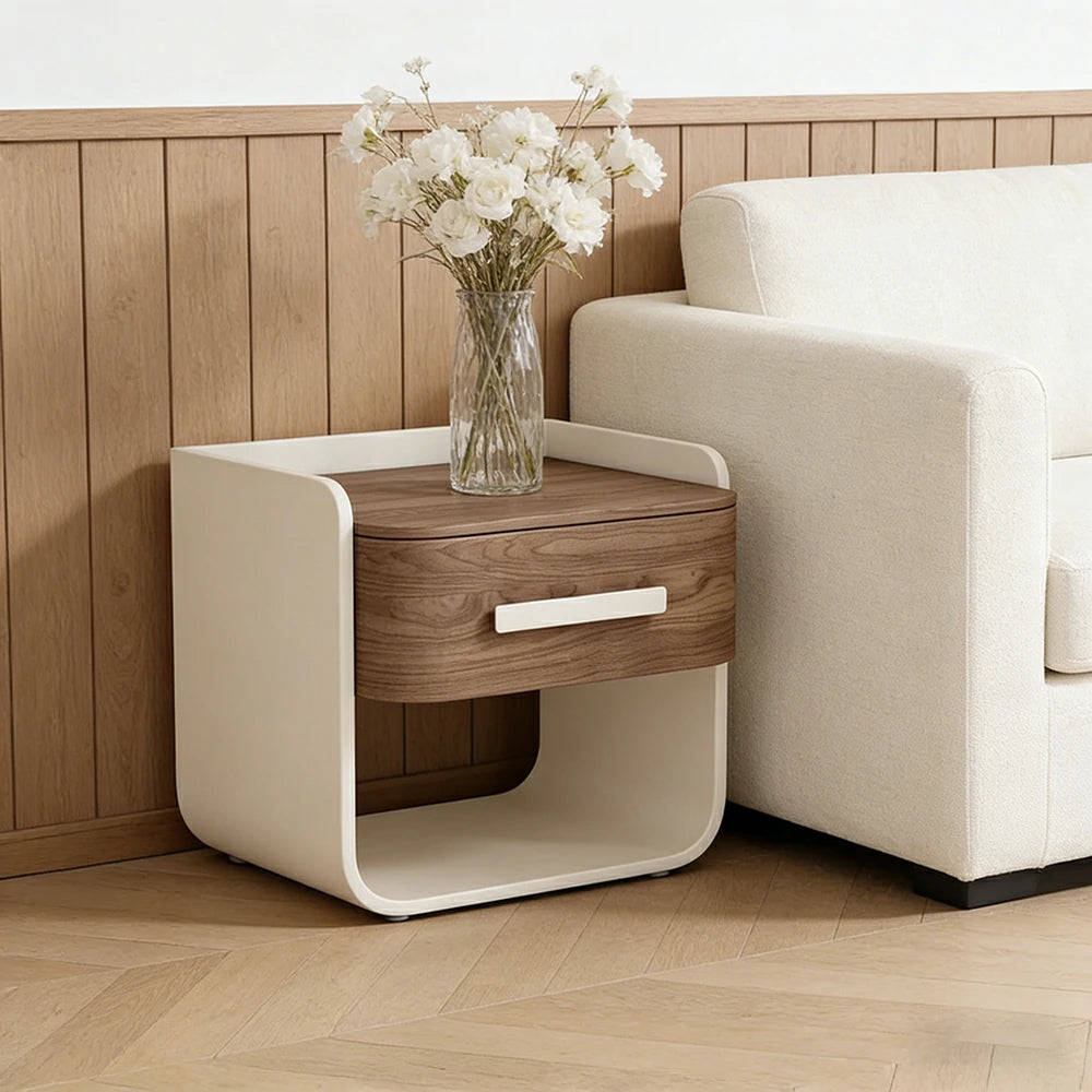 LIVARA Bedside Table - Large Drawer Storage, High-Gloss Piano Finish, Wood-Grain Veneer, Quiet Sliding Rails - White