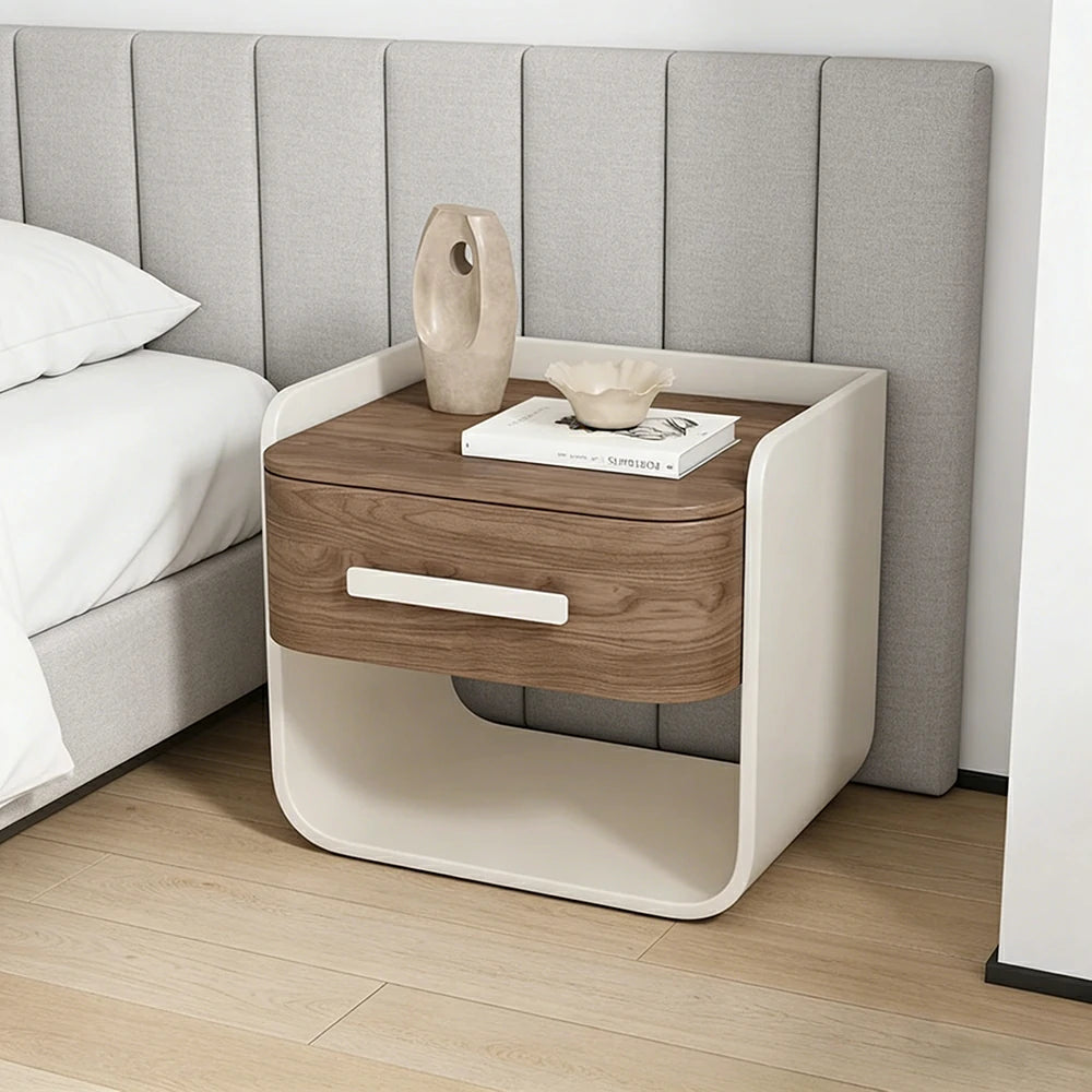LIVARA Bedside Table - Large Drawer Storage, High-Gloss Piano Finish, Wood-Grain Veneer, Quiet Sliding Rails - White