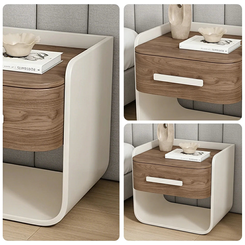 LIVARA Bedside Table - Large Drawer Storage, High-Gloss Piano Finish, Wood-Grain Veneer, Quiet Sliding Rails - White