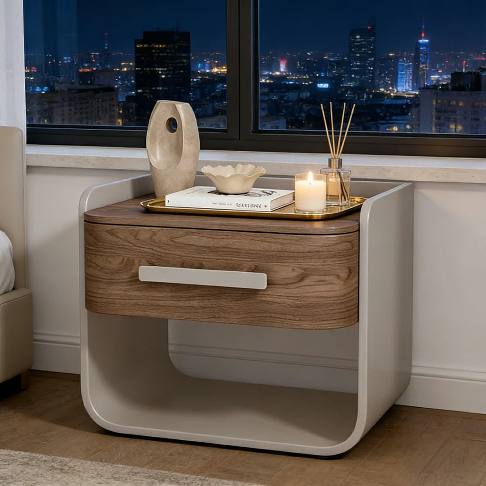 LIVARA Bedside Table - Large Drawer Storage, High-Gloss Piano Finish, Wood-Grain Veneer, Quiet Sliding Rails - Grey