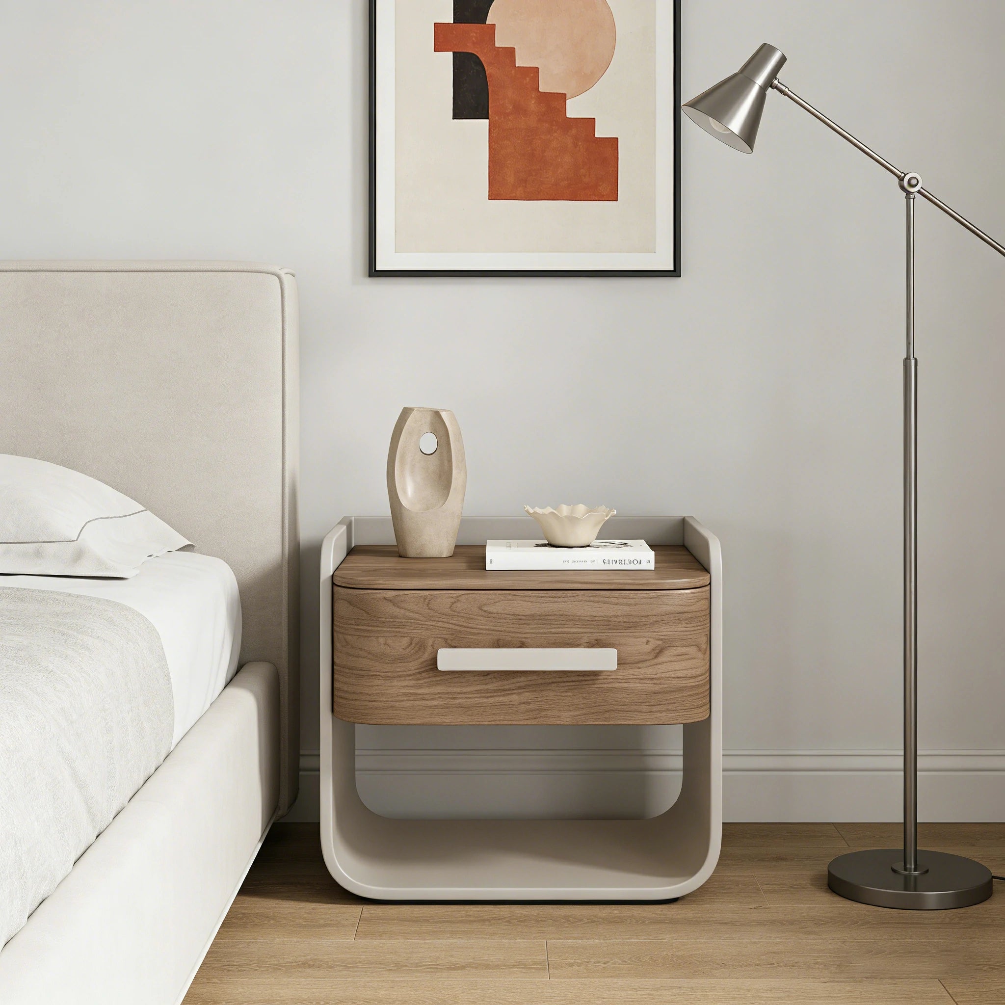 LIVARA Bedside Table - Large Drawer Storage, High-Gloss Piano Finish, Wood-Grain Veneer, Quiet Sliding Rails - Grey