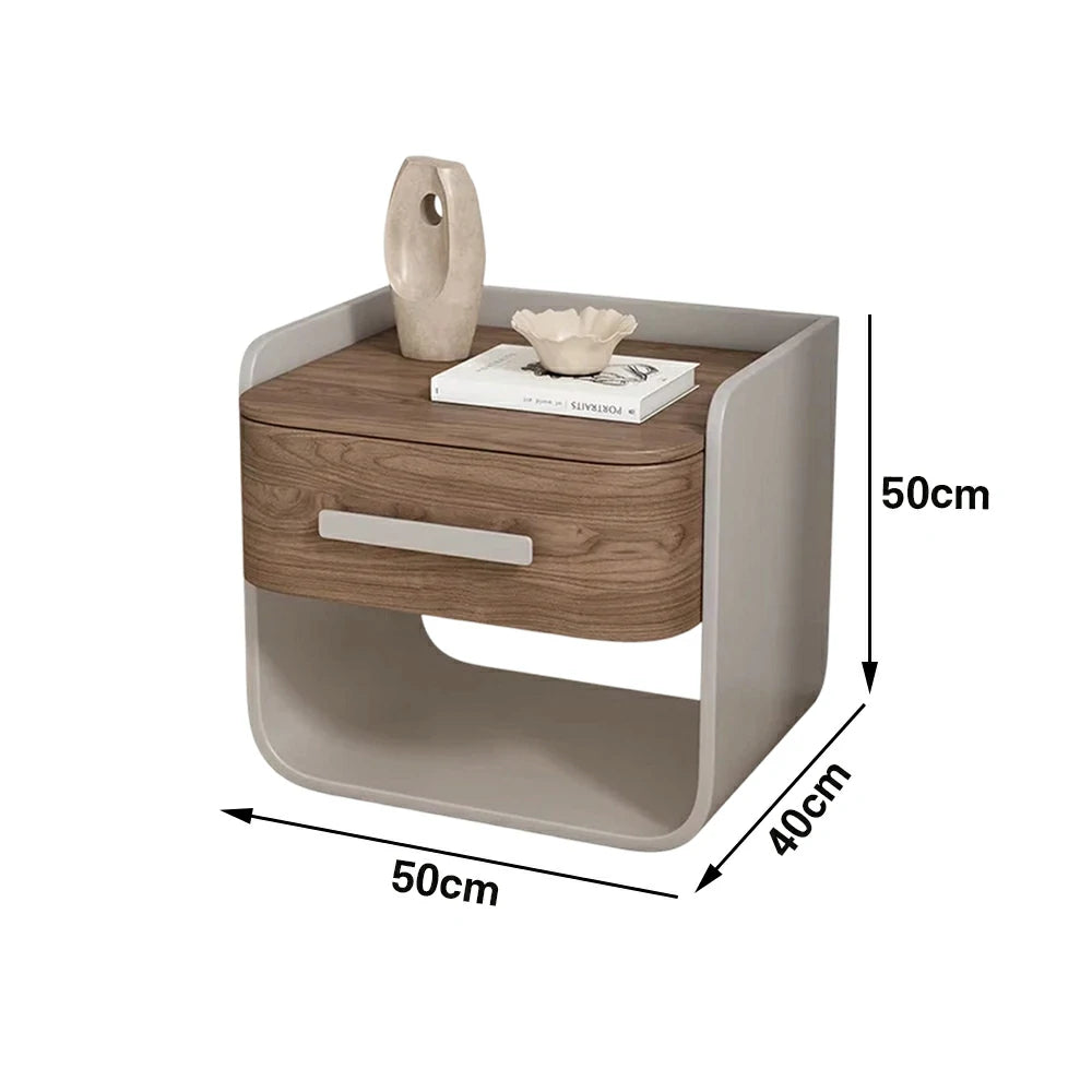 LIVARA Bedside Table - Large Drawer Storage, High-Gloss Piano Finish, Wood-Grain Veneer, Quiet Sliding Rails - Grey