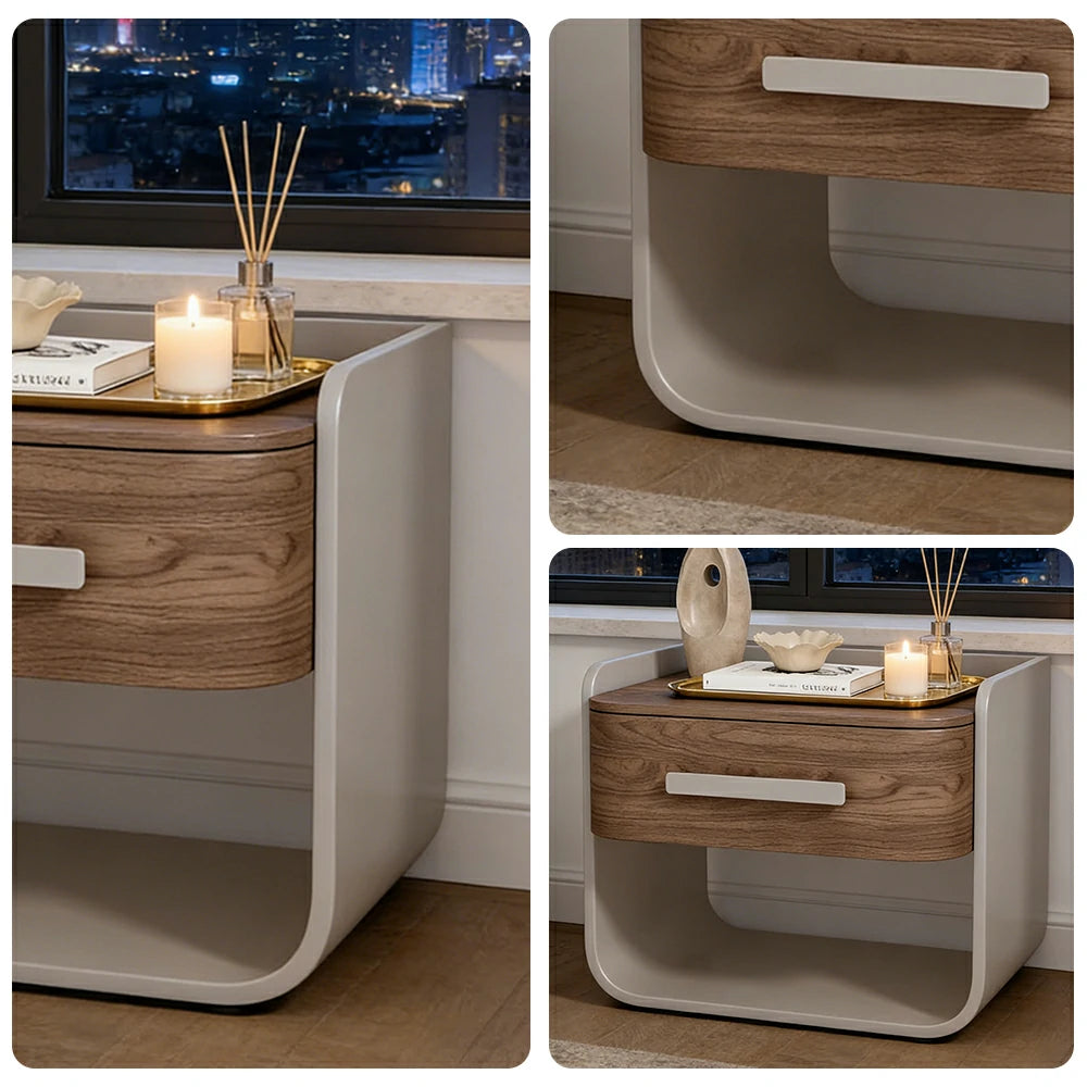 LIVARA Bedside Table - Large Drawer Storage, High-Gloss Piano Finish, Wood-Grain Veneer, Quiet Sliding Rails - Grey