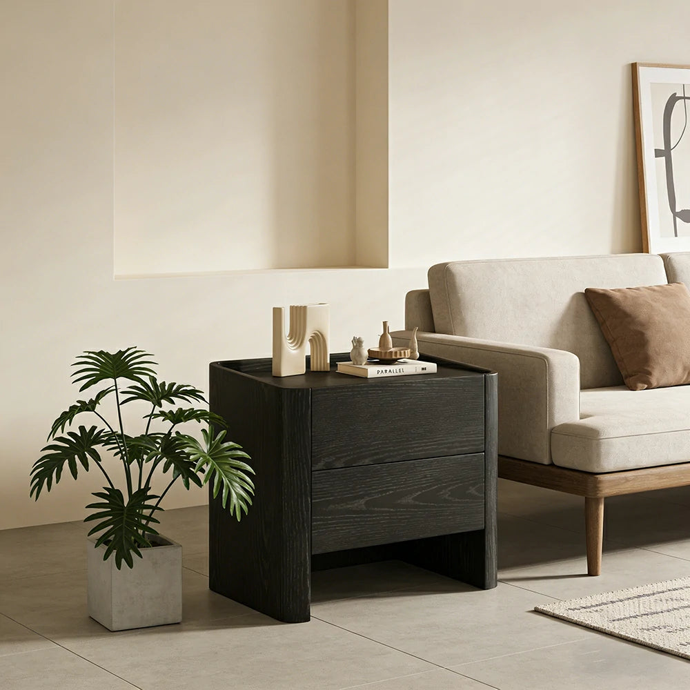 LIVARA Bedside Cabinet Soft-Close Drawer Natural Wood Veneer Hidden Handle Minimalist Design - Black