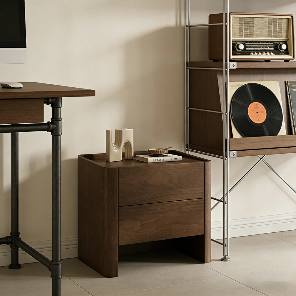 LIVARA Bedside Cabinet Soft-Close Drawer Natural Wood Veneer Hidden Handle Minimalist Design - Walnut