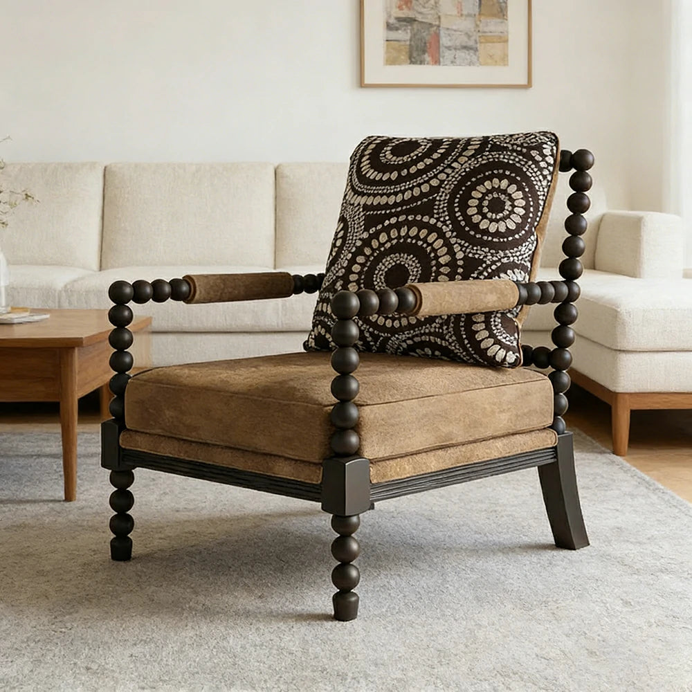 LIVARA Sofa Chair - Solid Wood Frame, Tree Ring Circular Design, Comfortable Accent Seating for Living Room or Bedroom - Coffee