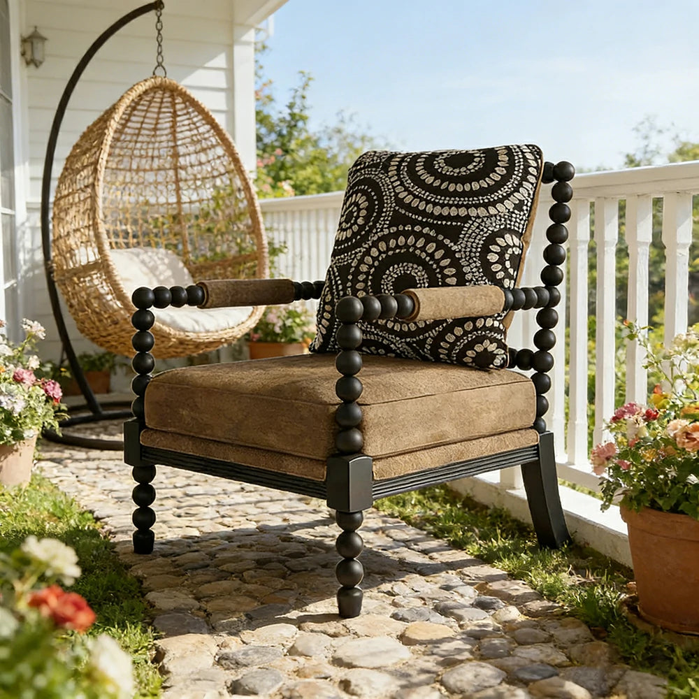LIVARA Sofa Chair - Solid Wood Frame, Tree Ring Circular Design, Comfortable Accent Seating for Living Room or Bedroom - Coffee