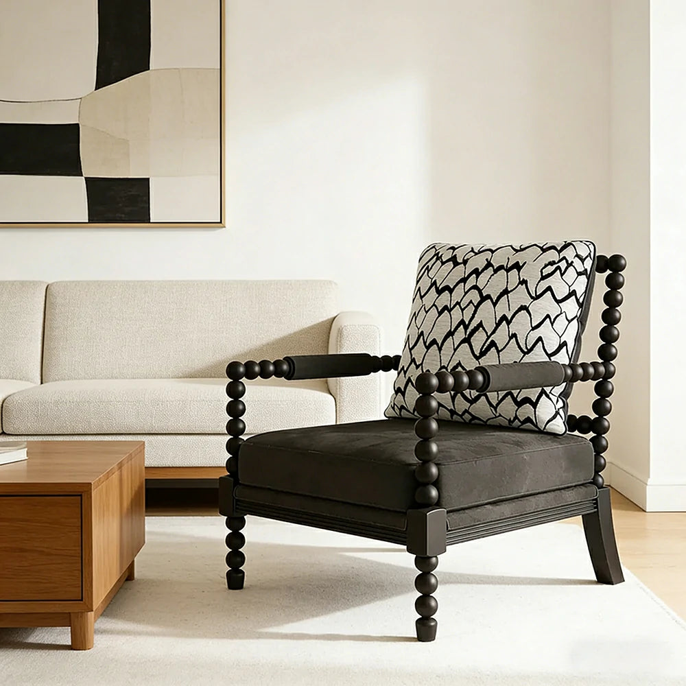 LIVARA Sofa Chair - Feather Jacquard Pattern, Solid Wood Frame, Comfortable Accent Seating for Living Room or Bedroom - Black